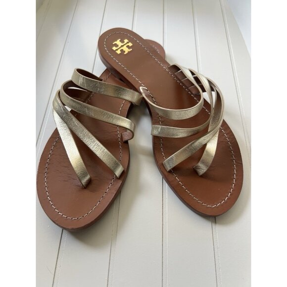Tory Burch Patos Metallic Strappy Sandals Gold Leather Slides Summer Chic Size 9 - Picture 1 of 13